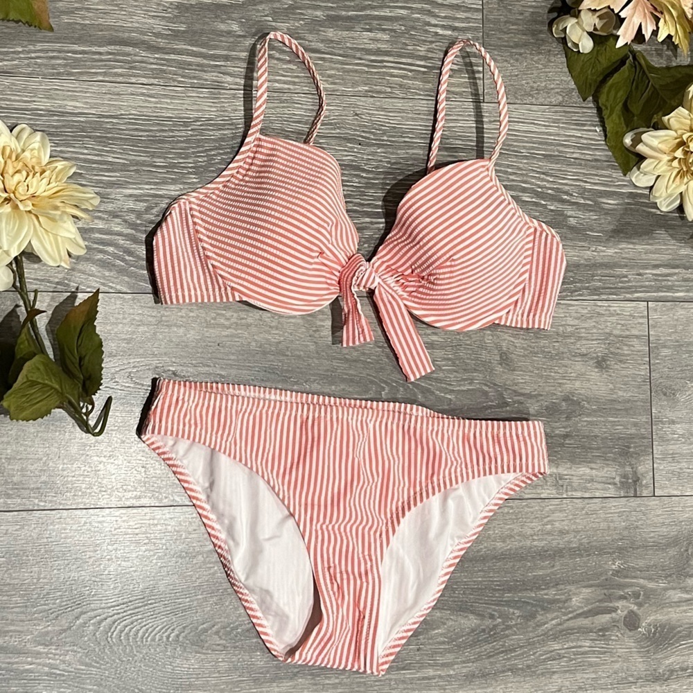 J. Crew seersucker muted red and white striped bikini set size 14 & M